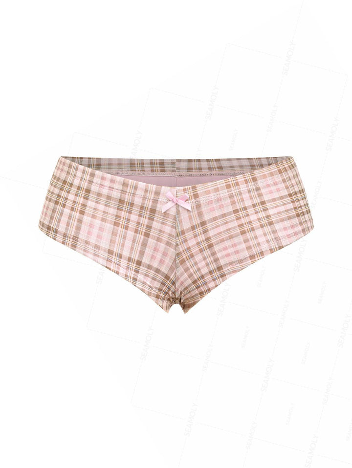 Seamolly 3 Piece Contrast Binding Plaid Bowknot Triangle Cheeky Boyshort Bikini Set