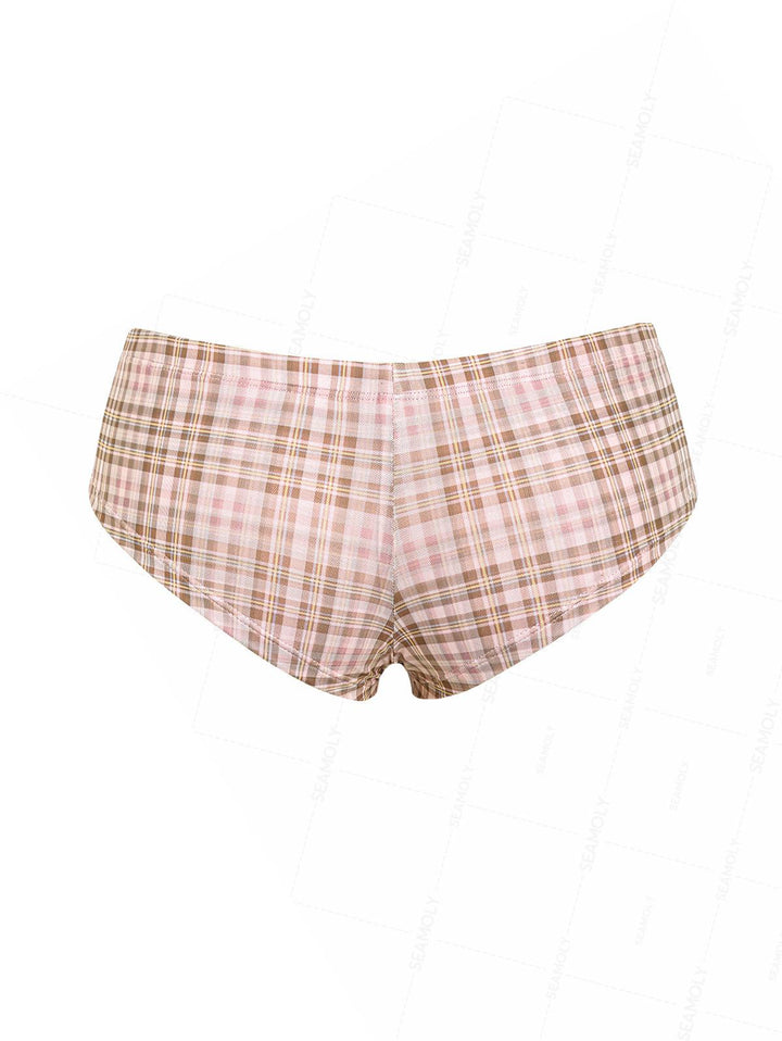 Seamolly 3 Piece Contrast Binding Plaid Bowknot Triangle Cheeky Boyshort Bikini Set