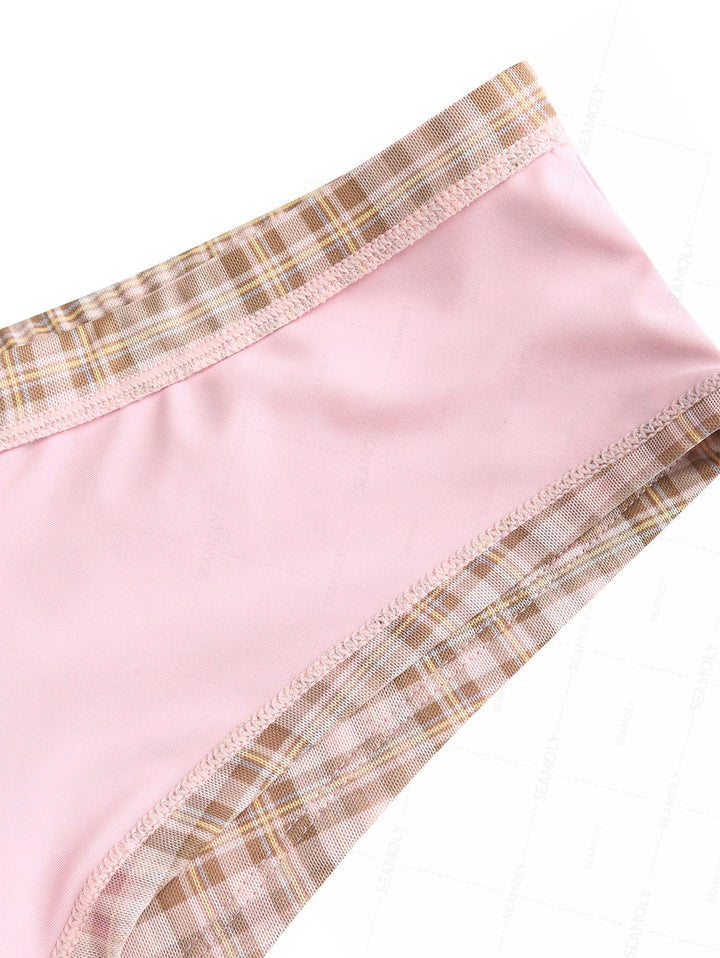 Seamolly 3 Piece Contrast Binding Plaid Bowknot Triangle Cheeky Boyshort Bikini Set