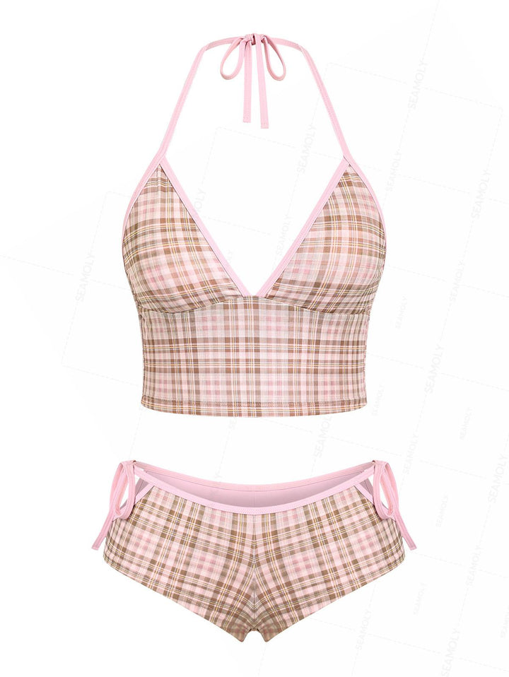 Seamolly Plaid Halter Cutout Tied Side Cheeky Boyshorts Tankini Set