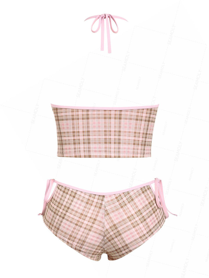 Seamolly Plaid Halter Cutout Tied Side Cheeky Boyshorts Tankini Set