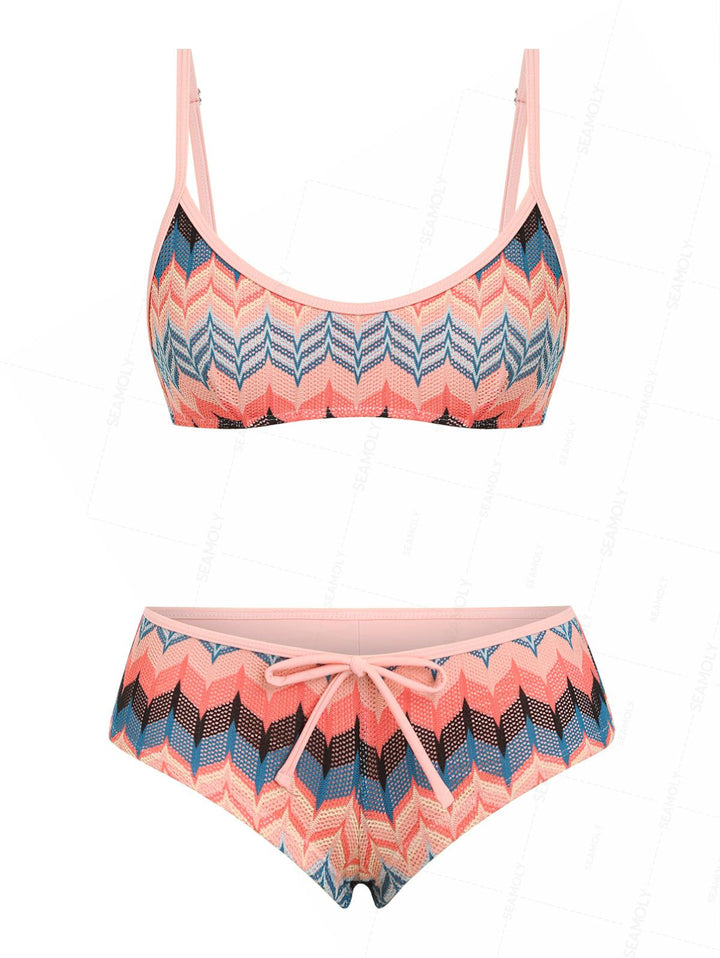 Seamolly Geometric Open-knit Textured Bralette Cheeky Boyshorts Bikini Set