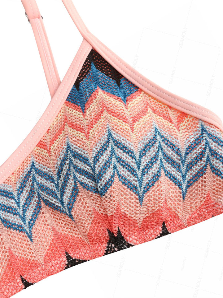 Seamolly Geometric Open-knit Textured Bralette Cheeky Boyshorts Bikini Set