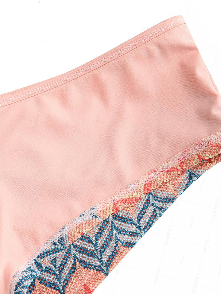 Seamolly Geometric Open-knit Textured Bralette Cheeky Boyshorts Bikini Set