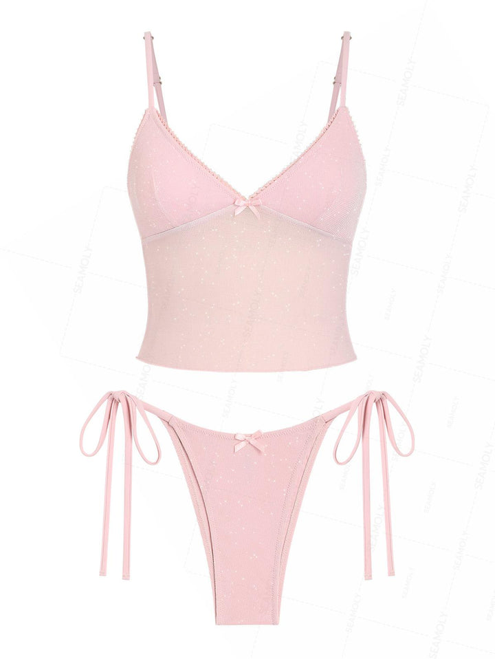 Seamolly Lurex Glitter Sparkly Lace Bowknot Tie Side Tankini Set