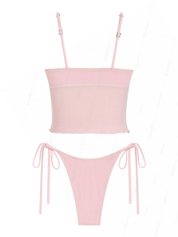 Seamolly Lurex Glitter Sparkly Lace Bowknot Tie Side Tankini Set