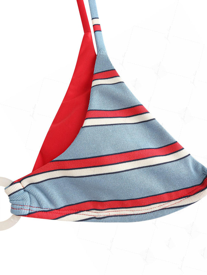 Blue Striped Contrast Color O Ring Double Layer Bikini Set
