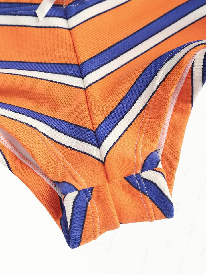 Orange Striped Bowknot Halter Triangle Cheeky Boyshorts Bikini Set