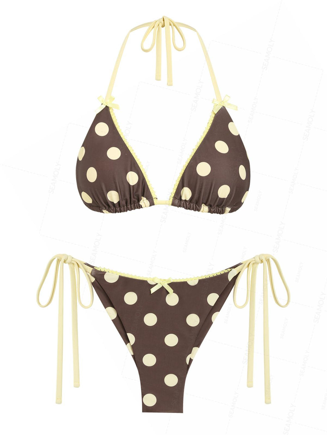 Seamolly Polka Dot Lace Bowknot Triangle Top & Cheeky Brazilian Bottom Bikini Set