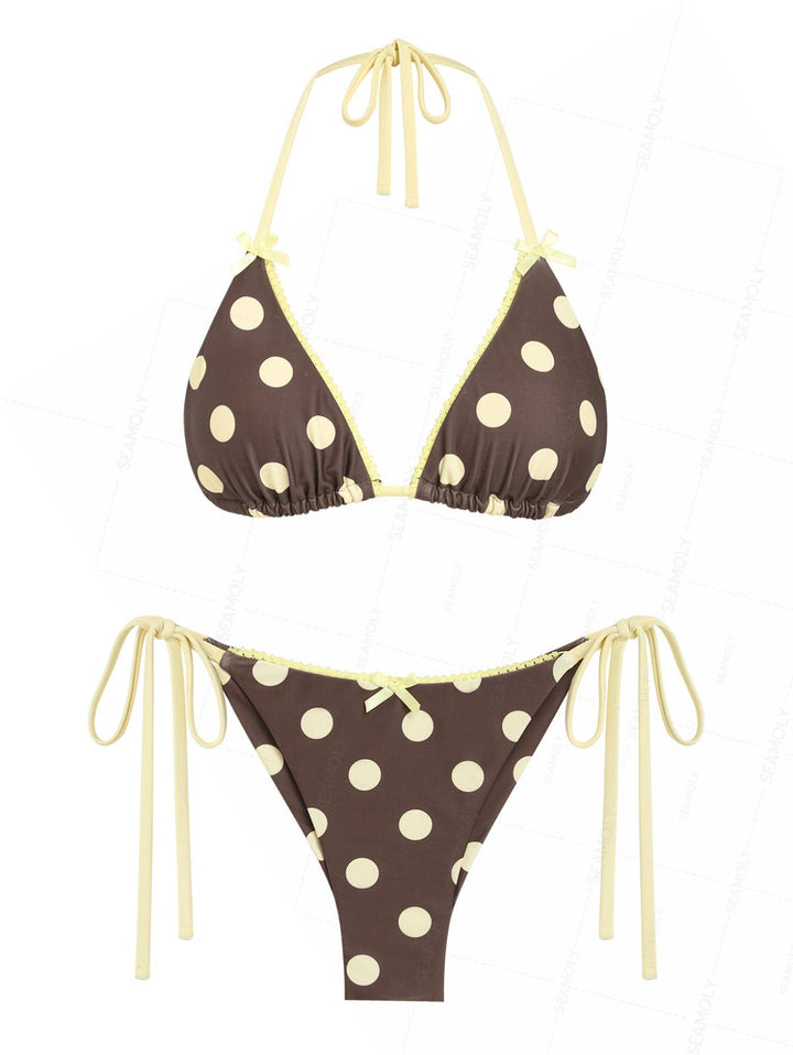 Seamolly Polka Dot Lace Bowknot Triangle Top & Cheeky Brazilian Bottom Bikini Set