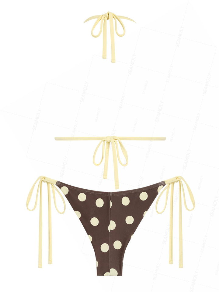 Seamolly Polka Dot Lace Bowknot Triangle Top & Cheeky Brazilian Bottom Bikini Set