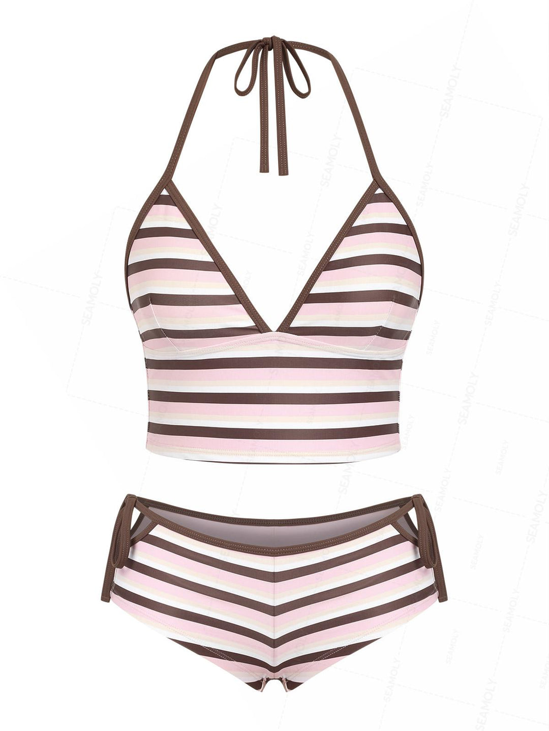 Seamolly Striped Halter Cutout Tied Side Cheeky Boyshorts Tankini Set