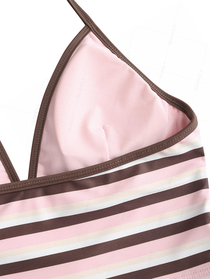 Seamolly Striped Halter Cutout Tied Side Cheeky Boyshorts Tankini Set