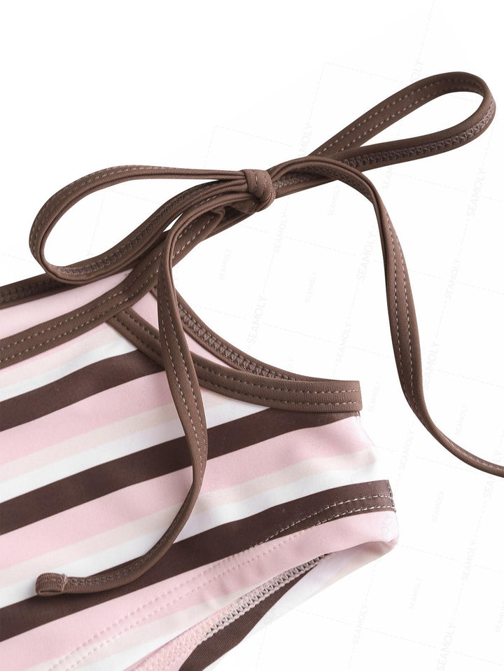Seamolly Striped Halter Cutout Tied Side Cheeky Boyshorts Tankini Set