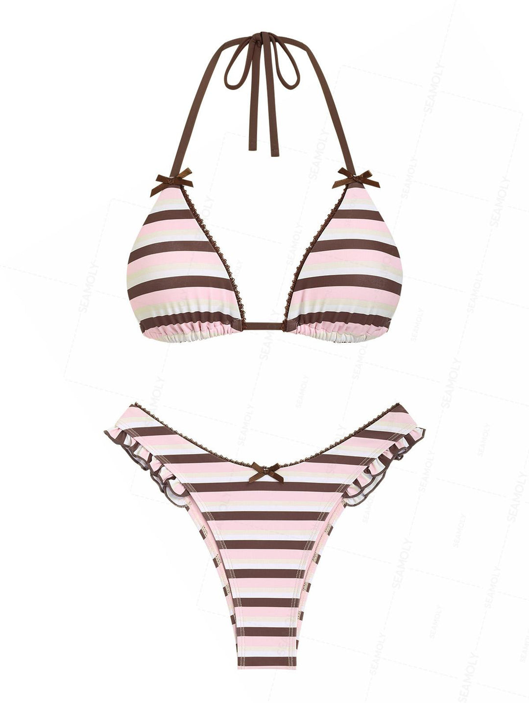 Seamolly Striped Lace Bowknot Ruffles Triangle Bikini Set