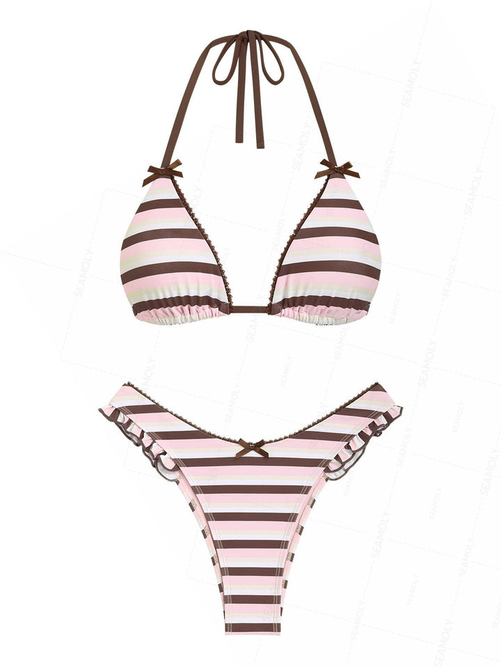 Seamolly Striped Lace Bowknot Ruffles Triangle Bikini Set