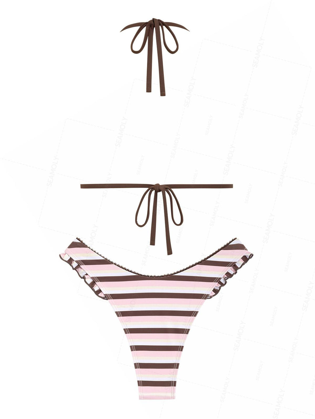 Seamolly Striped Lace Bowknot Ruffles Triangle Bikini Set