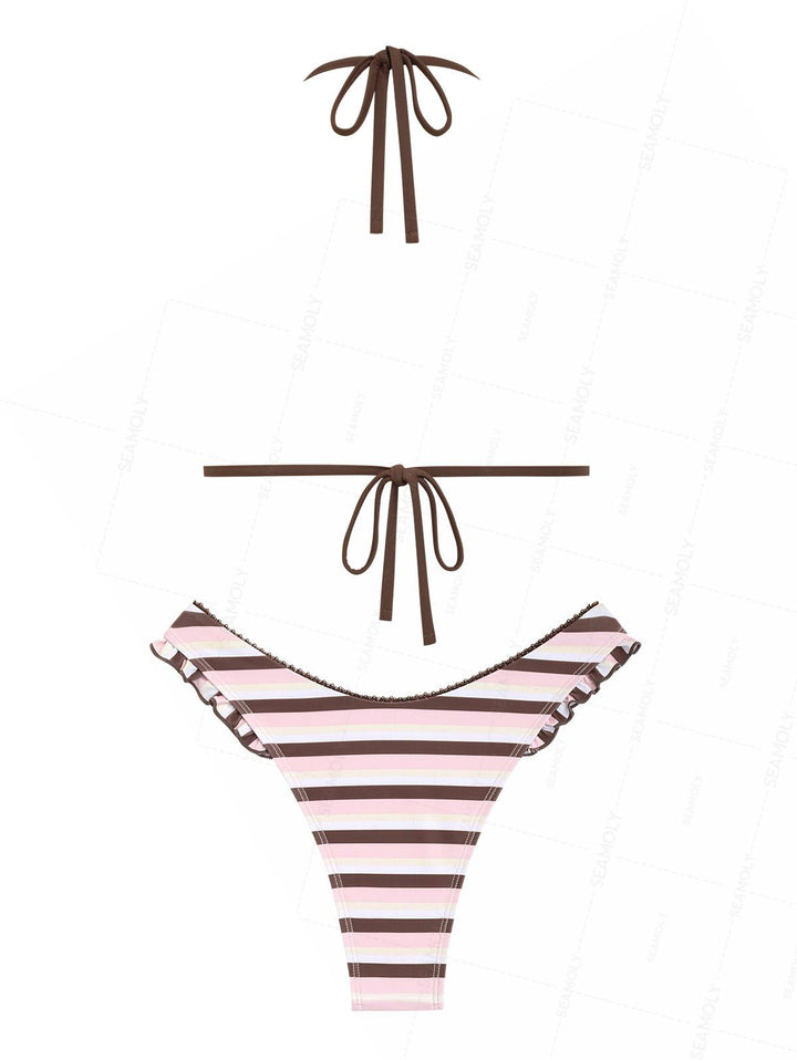 Seamolly Striped Lace Bowknot Ruffles Triangle Bikini Set