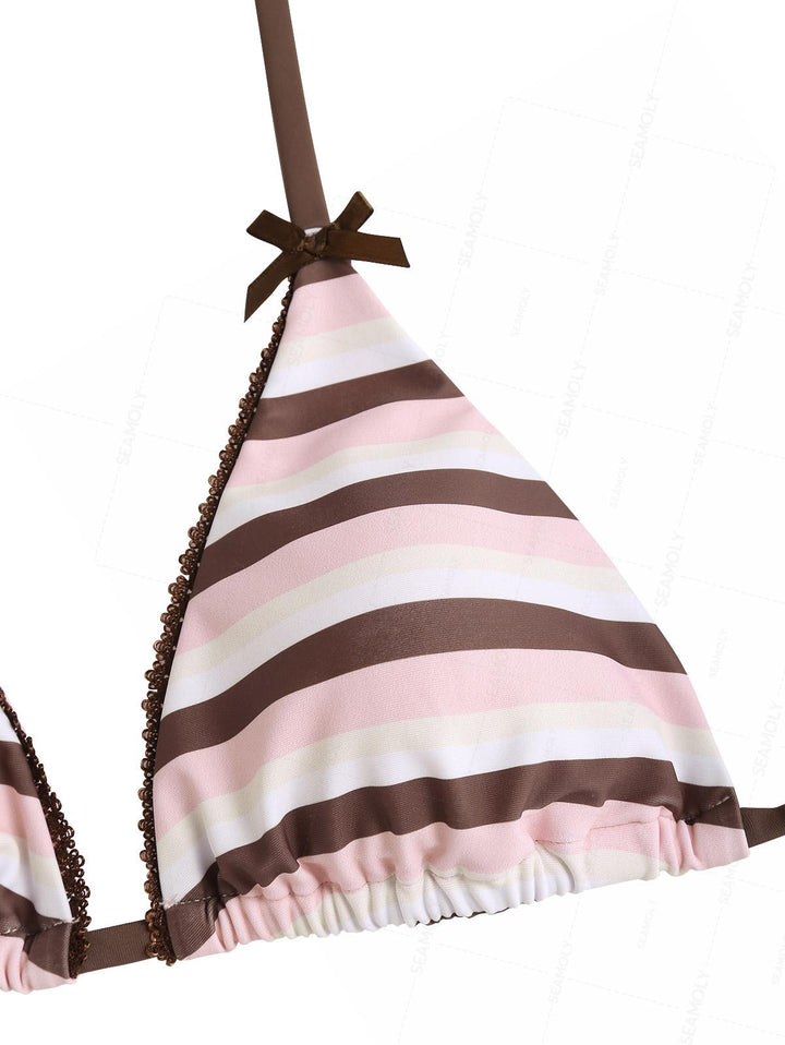 Seamolly Striped Lace Bowknot Ruffles Triangle Bikini Set