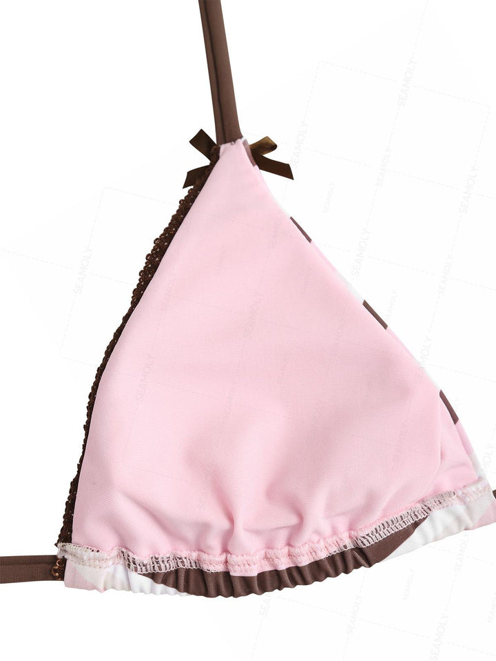 Seamolly Striped Lace Bowknot Ruffles Triangle Bikini Set