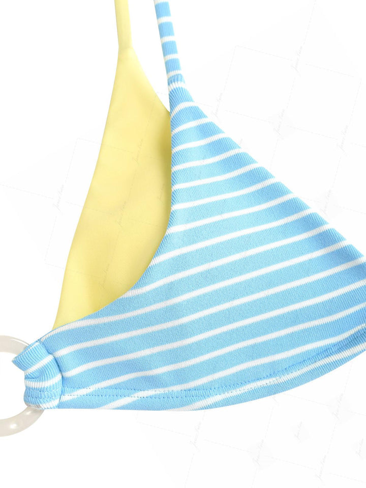 Sky Blue Striped Contrast Color O Ring Double Layer Top & Cheeky Boyshorts Bikini Set