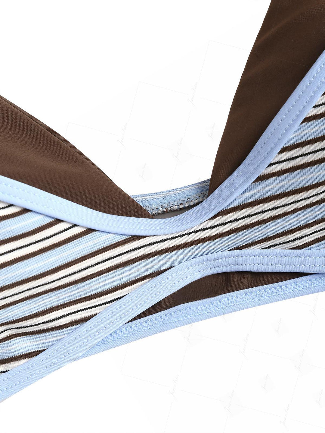 Powder Blue Contrast Binding Ribbed Knit Striped String Double Layer Bikini Set