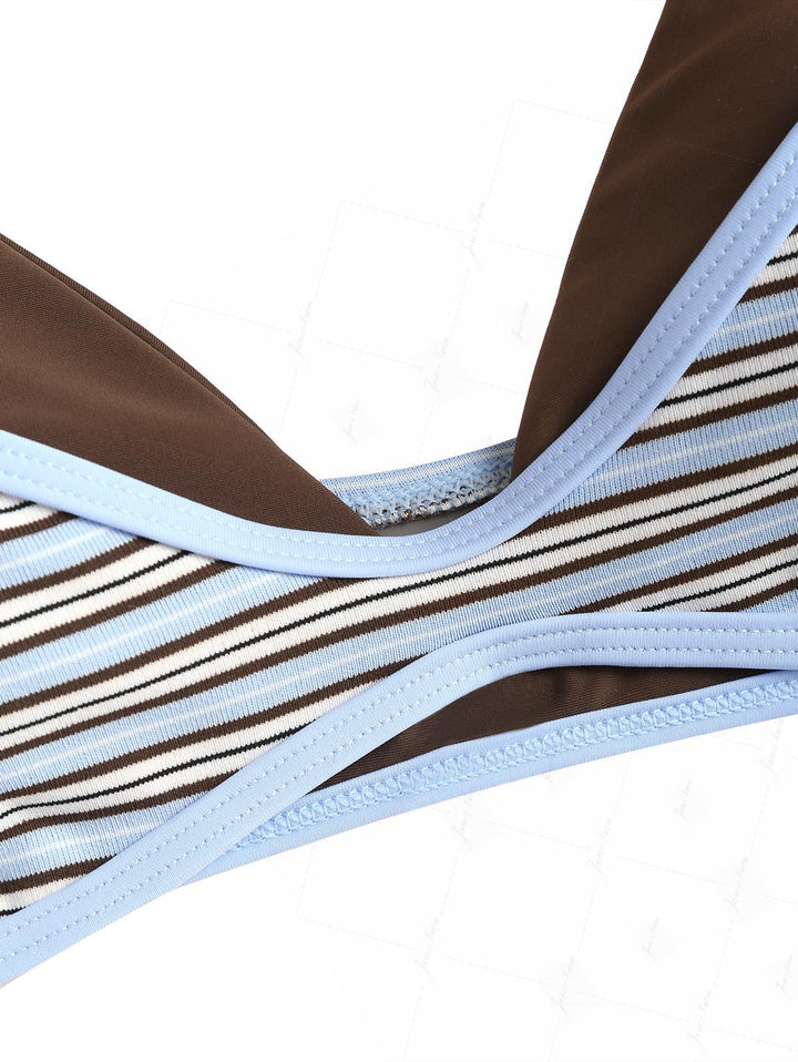 Powder Blue Contrast Binding Ribbed Knit Striped String Double Layer Bikini Set