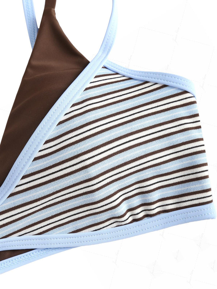 Powder Blue Contrast Binding Ribbed Knit Striped String Double Layer Bikini Set