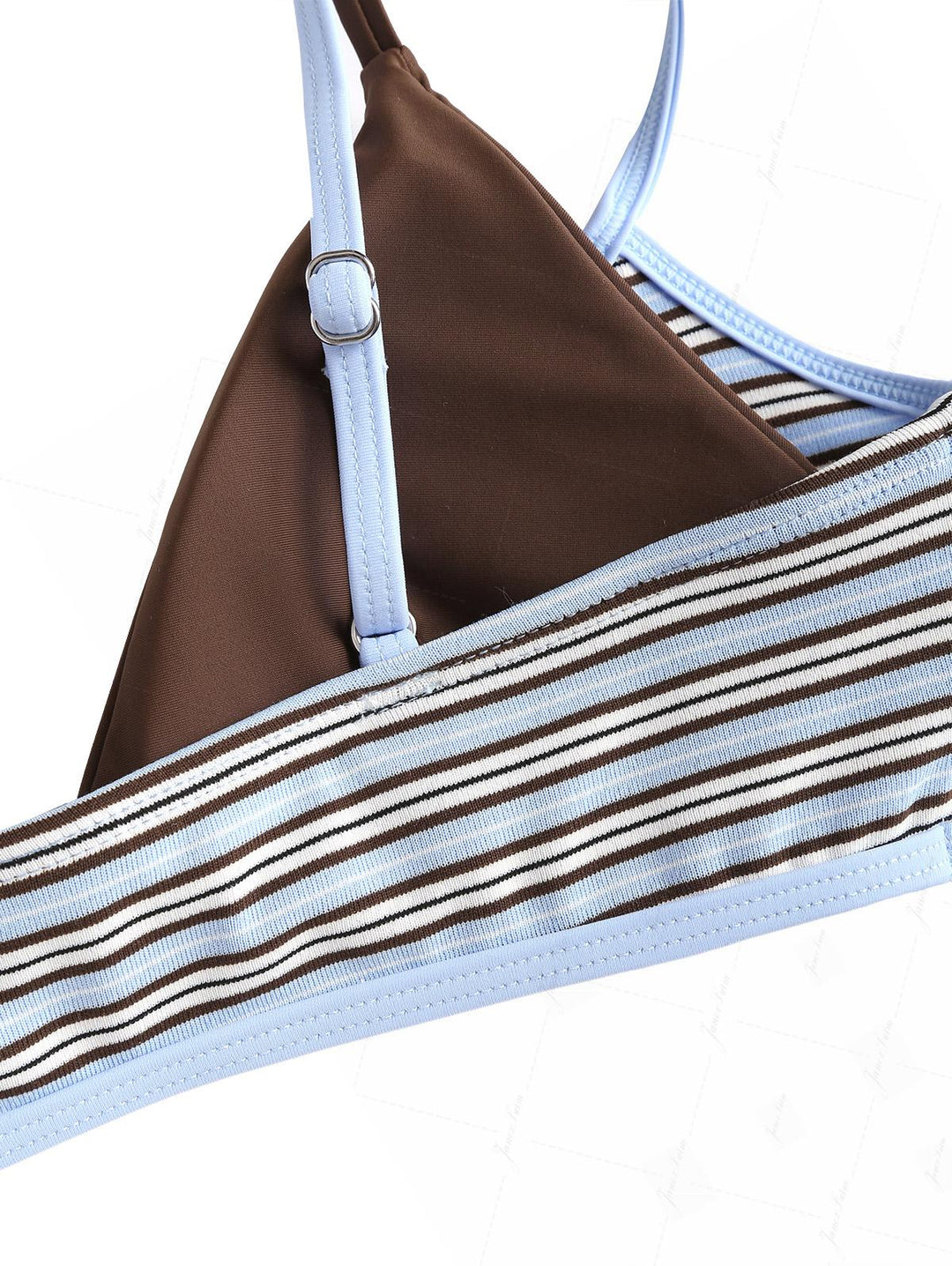 Powder Blue Contrast Binding Ribbed Knit Striped String Double Layer Bikini Set