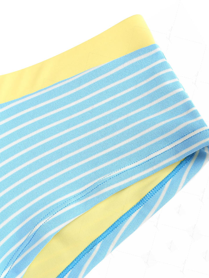 Sky Blue Striped Contrast Color O Ring Double Layer Top & Cheeky Boyshorts Bikini Set