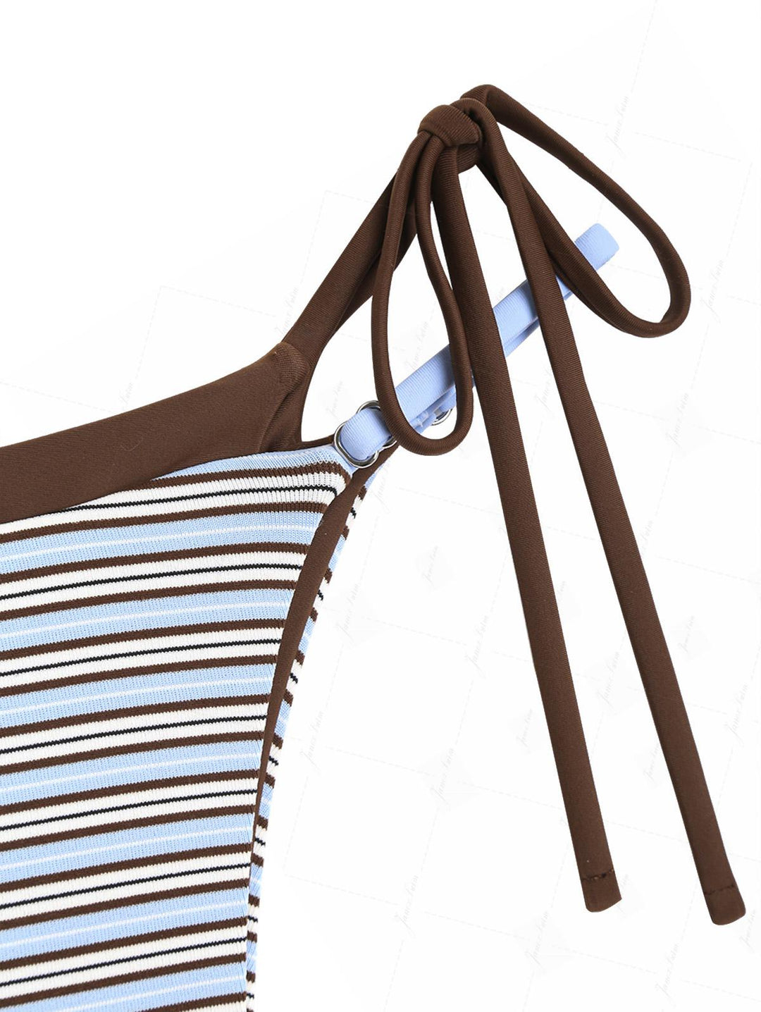 Powder Blue Contrast Binding Ribbed Knit Striped String Double Layer Bikini Set