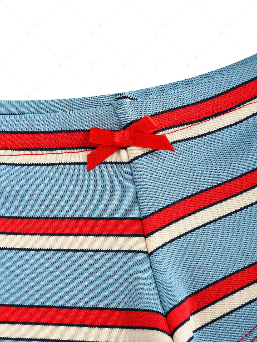 Blue Striped Bowknot Halter Triangle Cheeky Boyshorts Bikini Set