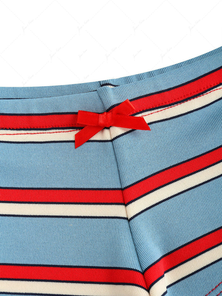 Blue Striped Bowknot Halter Triangle Cheeky Boyshorts Bikini Set