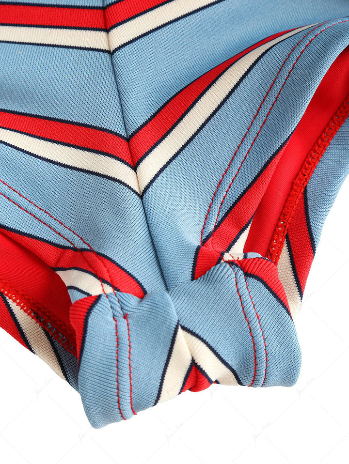 Blue Striped Bowknot Halter Triangle Cheeky Boyshorts Bikini Set
