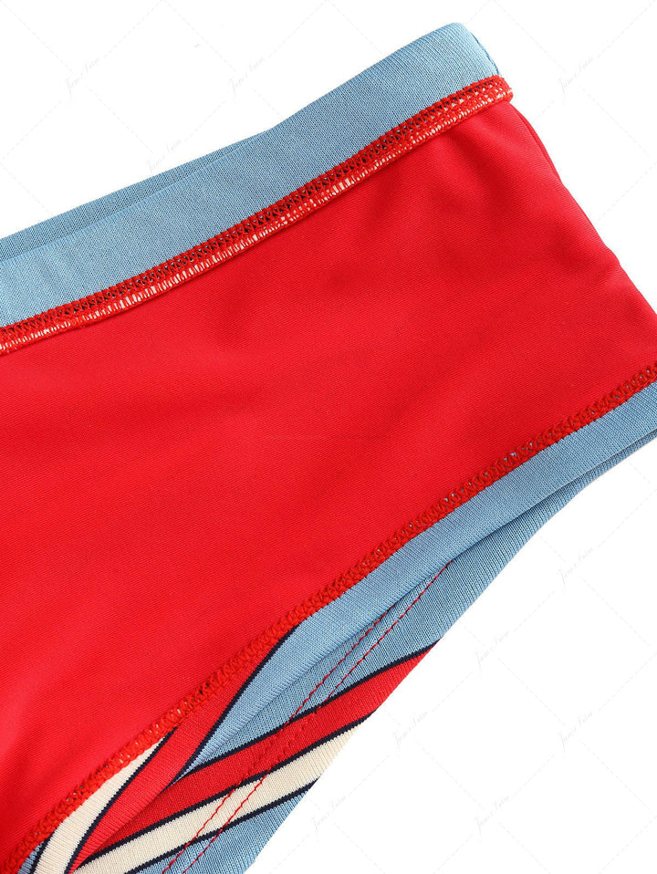 Blue Striped Bowknot Halter Triangle Cheeky Boyshorts Bikini Set