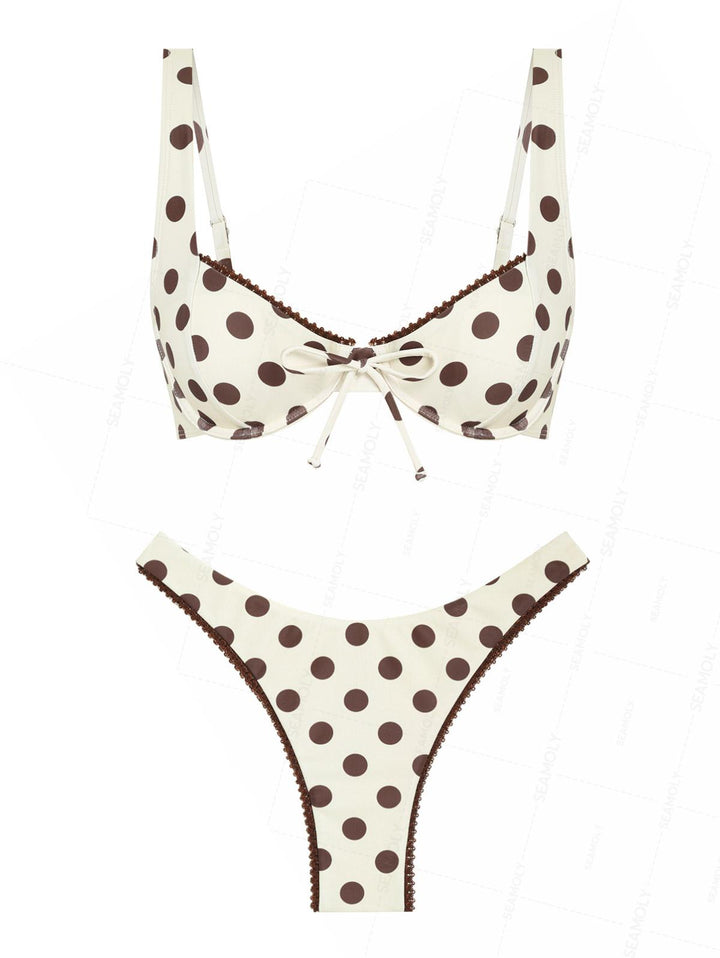 Seamolly Polka Dot Print Lace Bowknot Underwire Bikini Set