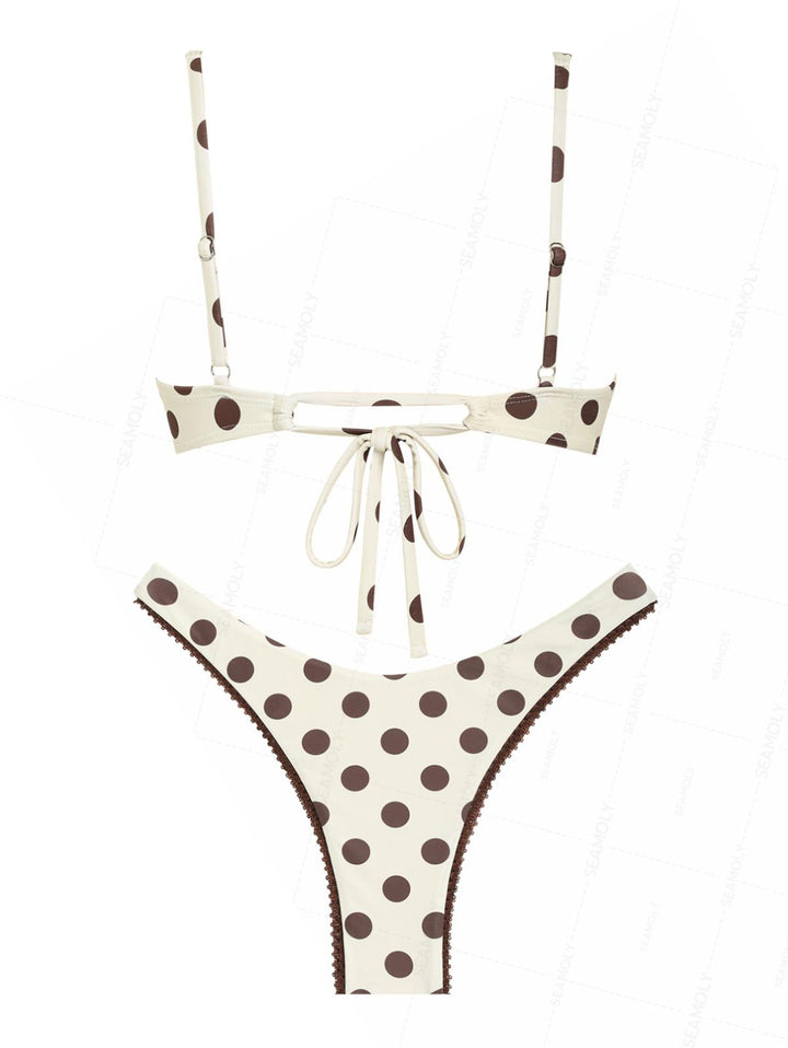 Seamolly Polka Dot Print Lace Bowknot Underwire Bikini Set