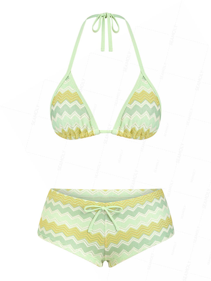 Seamolly Crochet Chevron Contrast Binding Cheeky Boyshorts Bikini Set