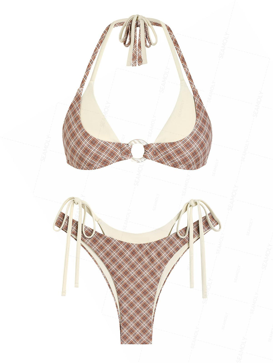 Seamolly Contrast Color Plaid O Ring Double Layer Bikini Set