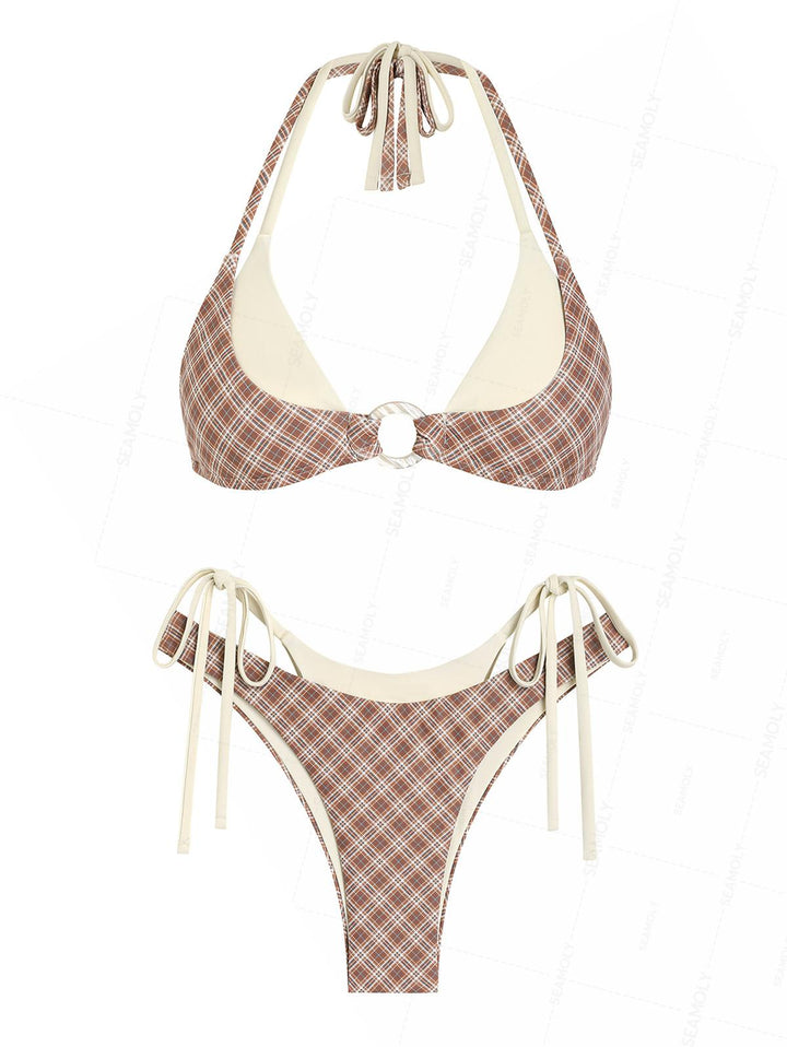 Seamolly Contrast Color Plaid O Ring Double Layer Bikini Set