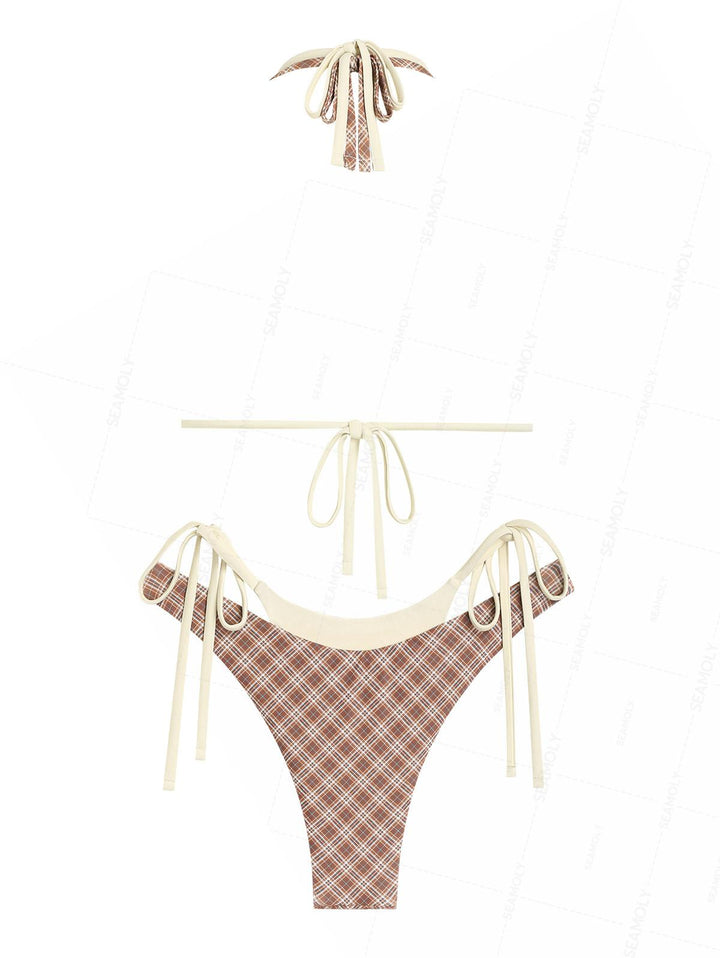 Seamolly Contrast Color Plaid O Ring Double Layer Bikini Set
