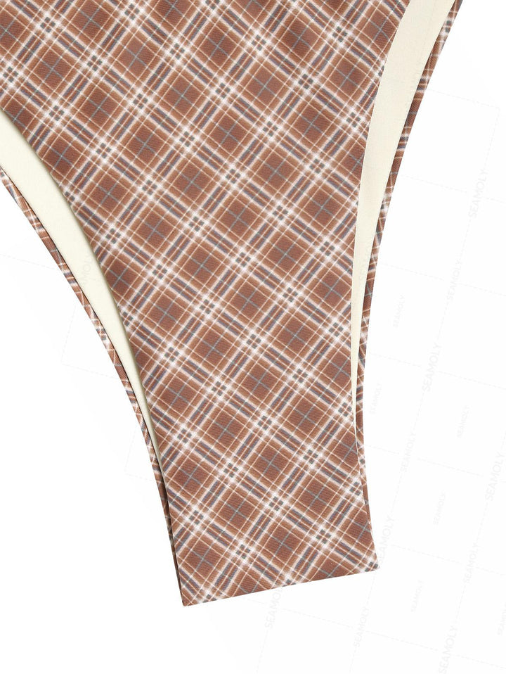 Seamolly Contrast Color Plaid O Ring Double Layer Bikini Set