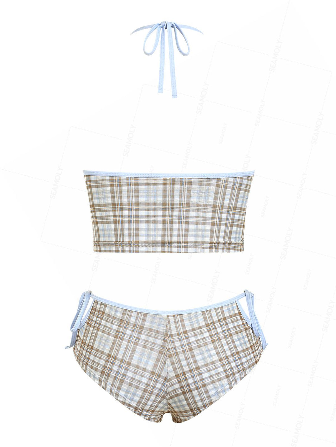 Seamolly Plaid Halter Cutout Tied Side Cheeky Boyshorts Tankini Set