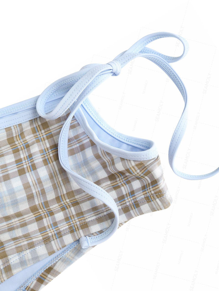 Seamolly Plaid Halter Cutout Tied Side Cheeky Boyshorts Tankini Set