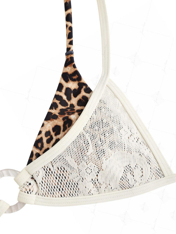 Crystal Cream Lace Leopard Print O Ring Double Layer Top & Cheeky Boyshorts Bikini Set