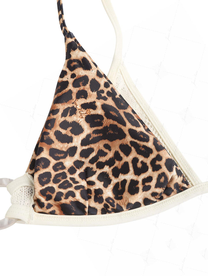 Coffee Leopard Print Contrast Lace O Ring Double Layer Bikini Set