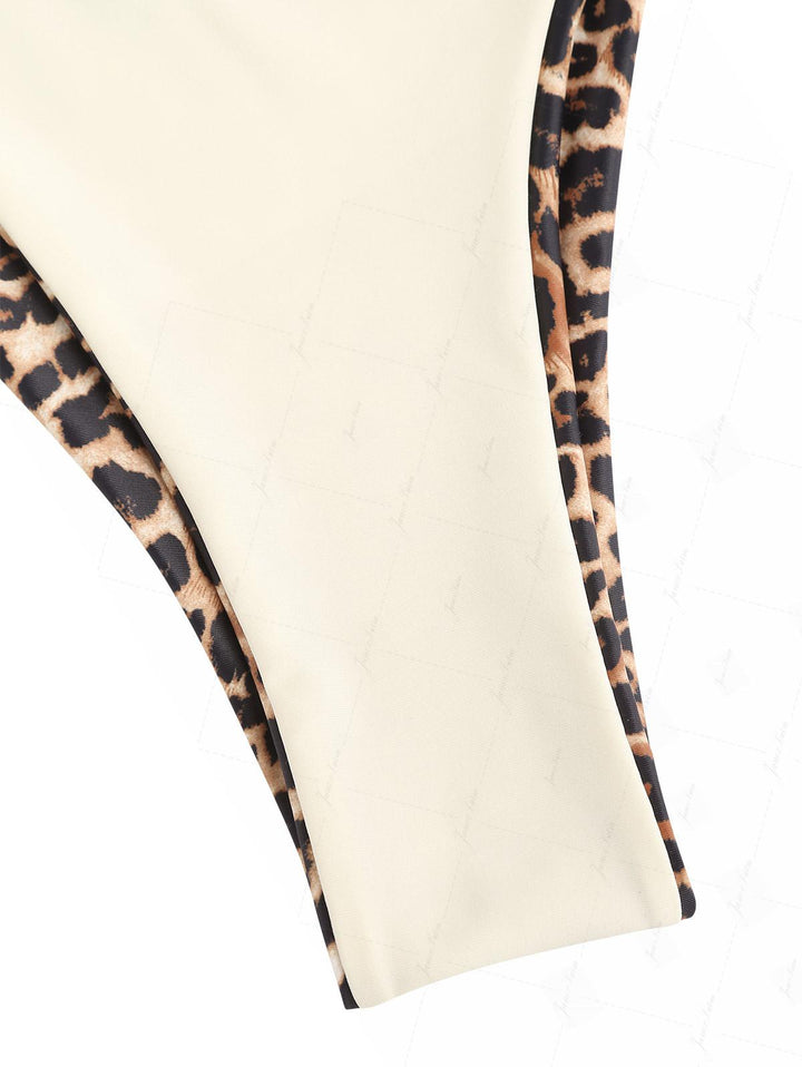 Coffee Leopard Print Contrast Lace O Ring Double Layer Bikini Set