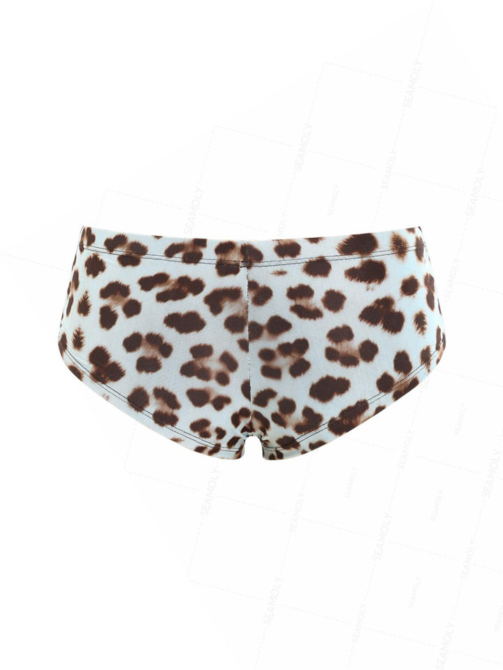 Seamolly 3 Piece Leopard Print Bowknot Contrast Binding Cheeky Boyshort Bikini Set