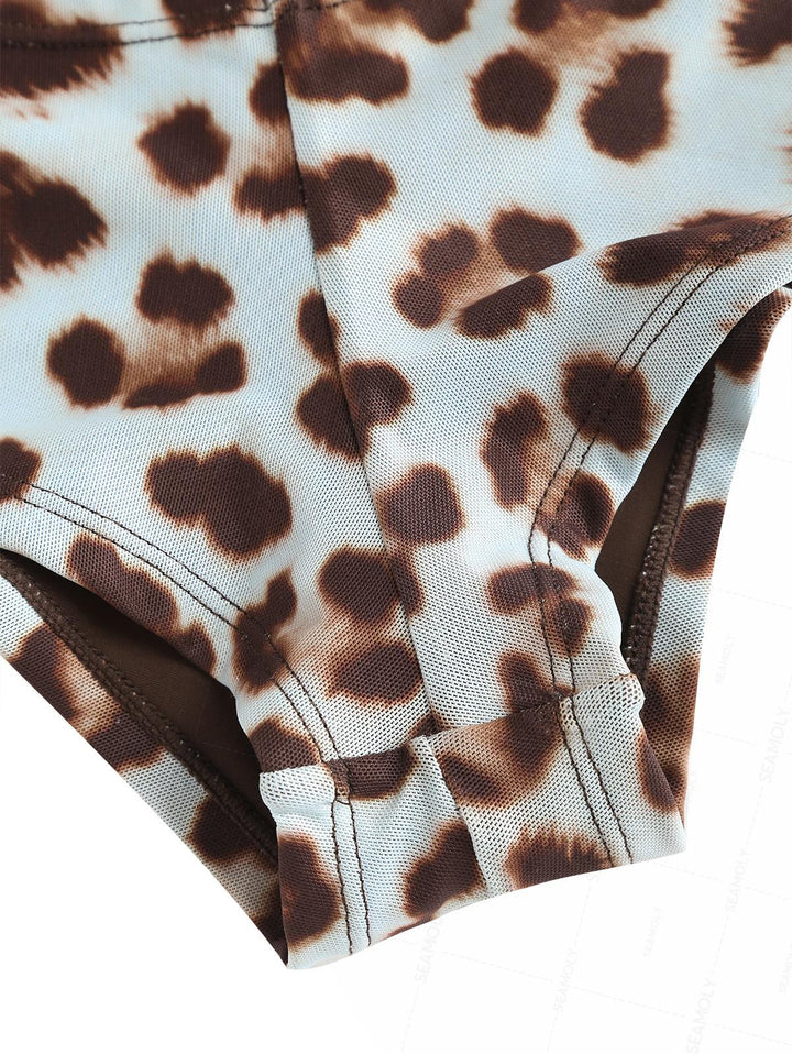 Seamolly 3 Piece Leopard Print Bowknot Contrast Binding Cheeky Boyshort Bikini Set