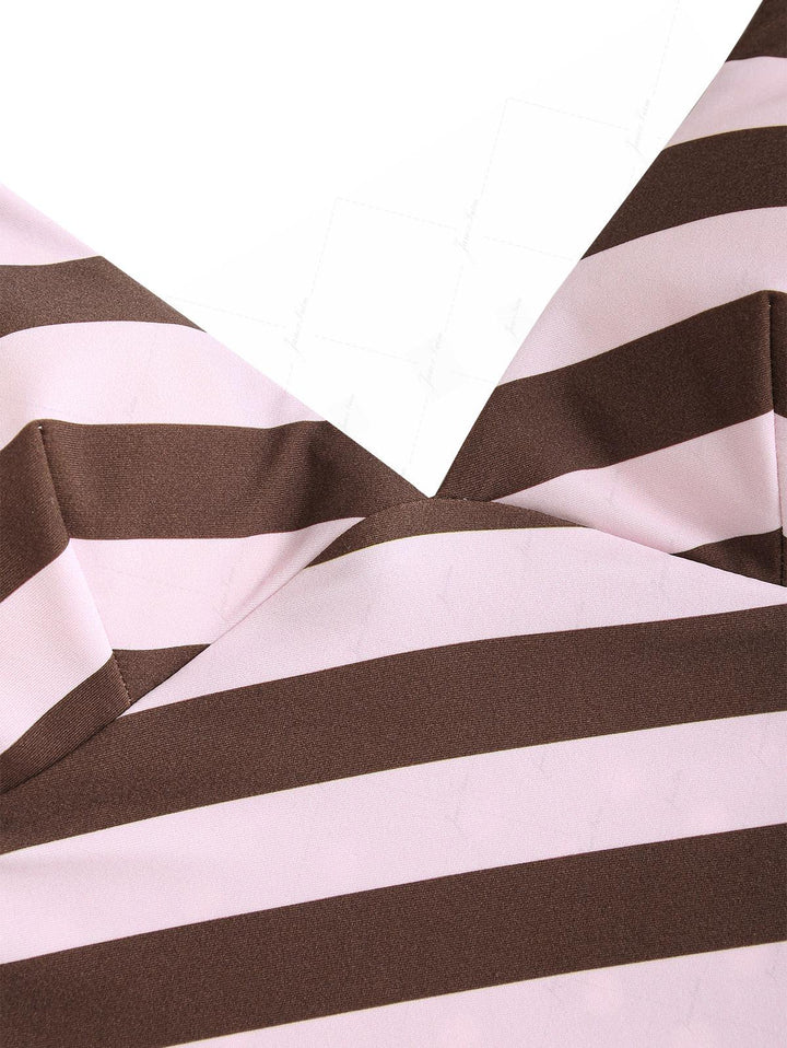 Pink Striped Polka Dot Crisscross Tie Open Back Cheeky Boyshorts Tankini Set